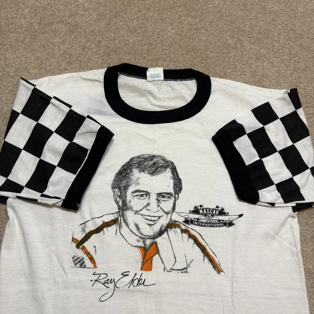 Vtg 70s NASCAR Shirt Ray Elder‎ XL 18-20 Fits Small White Sears Checkered Sleeve